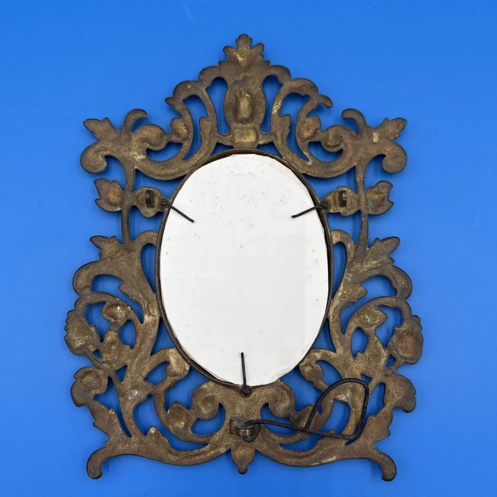 Vtg Early Antique Victorian Cast Iron Easel Picture Frame w/ Antique Child Photo